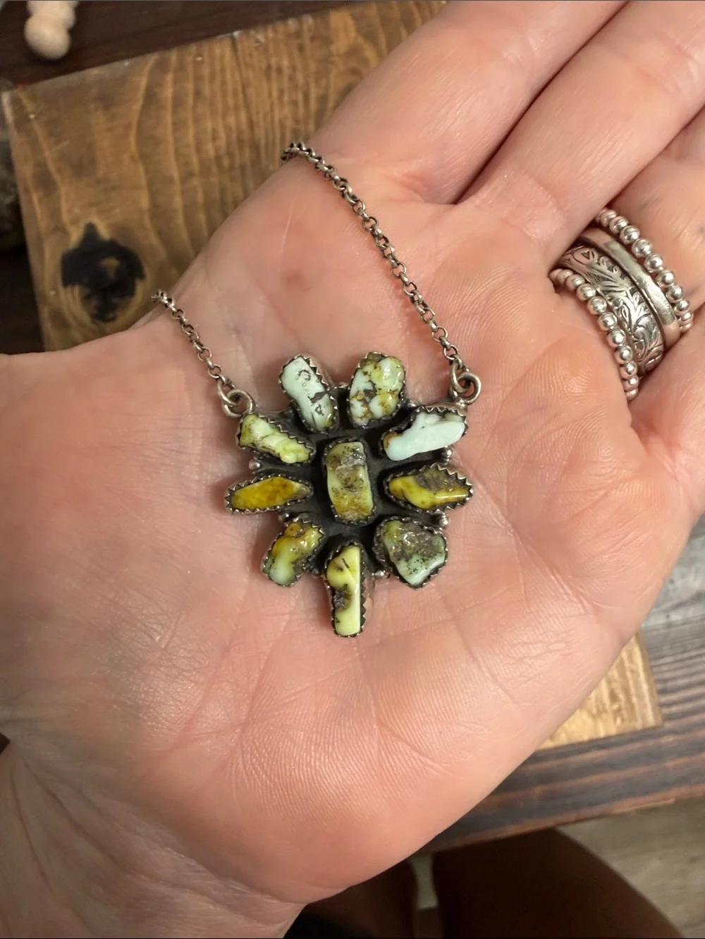 Sterling Silver Southwest Yellow Green Turquoise Stone Sunburst Pendant Necklace